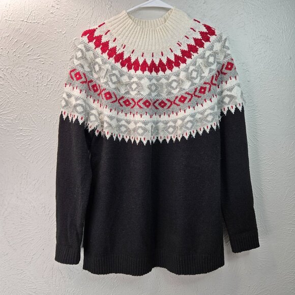 J. Jill Fair Isle Pullover Sweater M Black White Nordic Holiday Long Sleeve Top - Picture 1 of 12